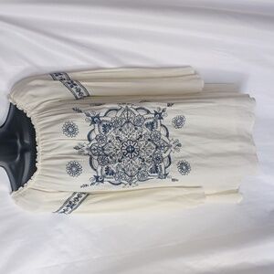 Taylor & Sage Bohemian Embroidered Bell Sleeve Mini Dress, cream & blue